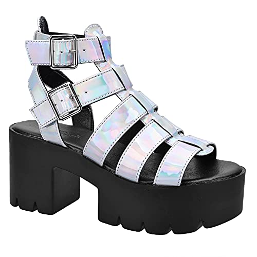 READYSALTED Faux Leather Multi Buckle Ankle Strap Flatform Gladiator Chunky Platform Caged Sandals for Women (JAFFA21-SV, US9)