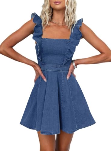 utcoco Denim Dress for Women Ruffle Adjustable Strap Sleeveless Backless Babydoll Mini Jean Dresses