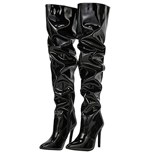 Meefit Women Patent Leather Thigh High Slouch Boots Pointed Toe Over The Knee High Boots Sexy Stiletto Heels Boots