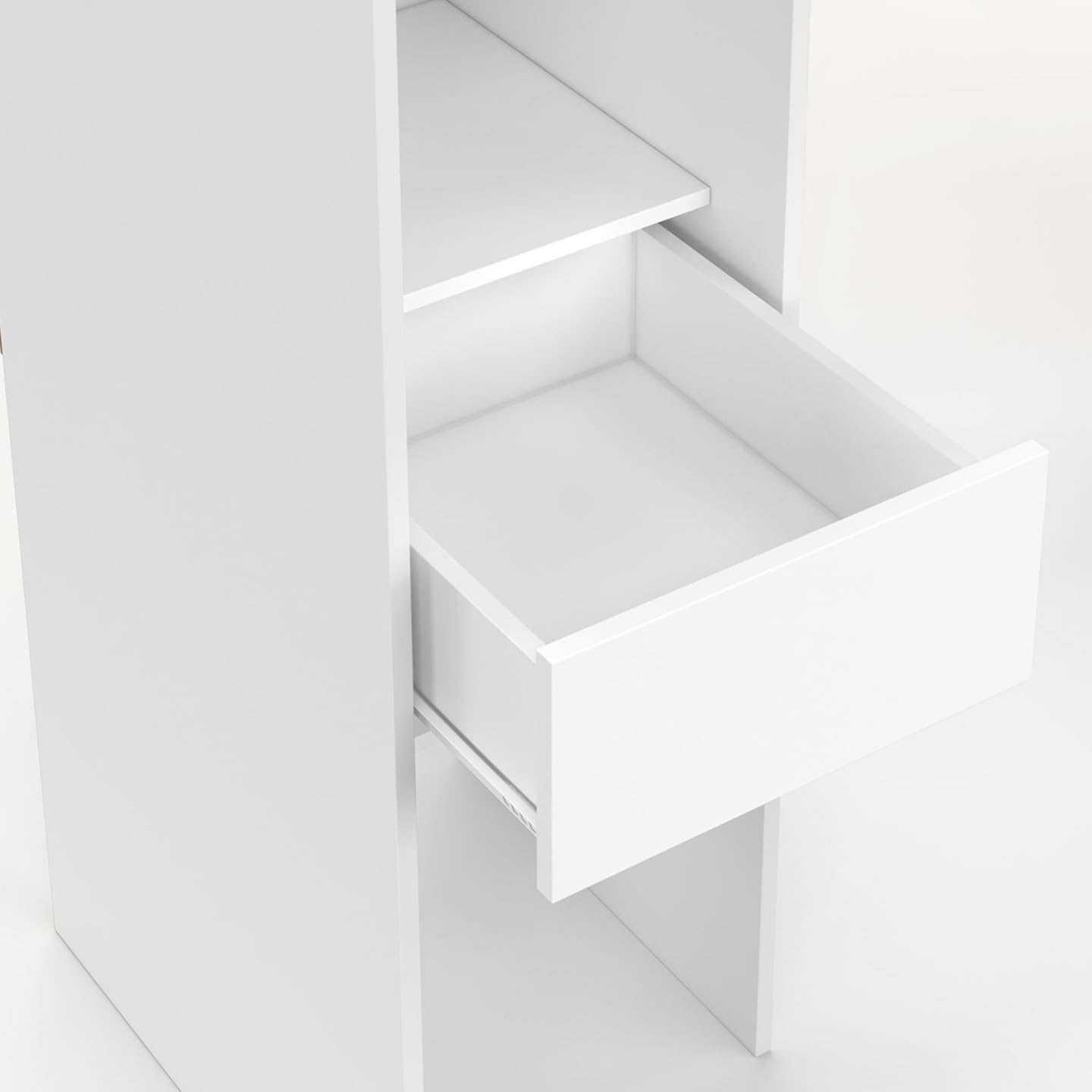 IDMarket - Dressing extensible MERYL 145/170 x 50 x 180 cm blanc avec étagères + double penderie + miroir + rideau gris