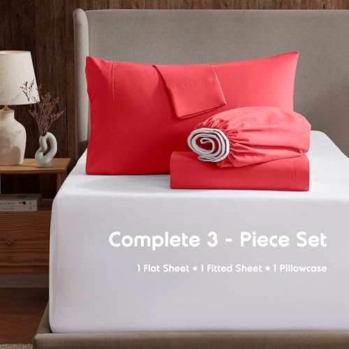 Image of Nestl Twin Bed Sheet Set - Red - 3-Piece Deep Pocket | Instantly Soft, Night-One Ready (No Wash Required). Fits 16-Inch Deep Pockets, 360-Degree Elastic Grip