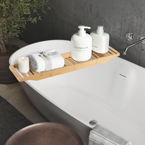 Vencier Foldable Bamboo Bath Tub Rack Adjustable Bathroom Shelf Tidy Tray & Storage Caddy Organiser for Relaxing Spa Bath (Natural)