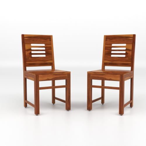 Image of Solid Sheesham Wood Dining Chair Set of 2 | Premium Wooden Dining Chairs for Dining Table | Modern Slatted Backrest | Heavy Duty Kitchen & Dining Room Chairs |