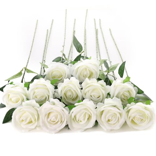 Cloudecor 12Pcs White Roses Artificial Flowers Fake Roses Faux Velvet Silk Flower for Home Wedding Decoration (Pearl Rose White)