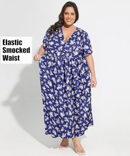 Image of CARCOS Plus Size Dresses for Curvy Women V Neck Summer Maxi Dress Short Sleeve Floral Boho Dress Smocked Waist Beach Dress