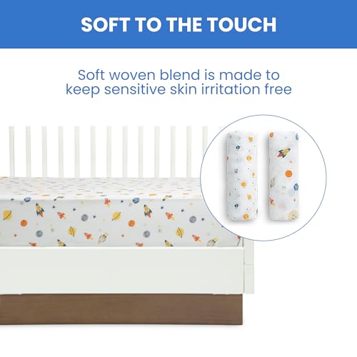 Image of Delta Children Fitted Crib Sheets for Girls and Boys - Crib Sheet for Standard Crib and Toddler Mattresses - 28x52 Inch (Pack of 2), Space Exploration