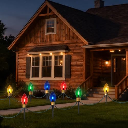 CHYParty Jumbo Christmas Pathway Lights Outdoor 7FT 4Pcs Multicolor LED Connectable Plug in Walkway Lights for Driveway Yard Fence Decor Green Wire Waterproof & UL Listed