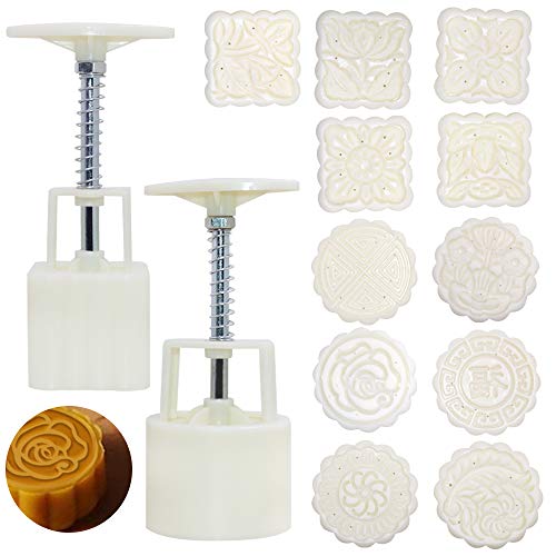 2 Sets Mooncake Mold Press with 11 Stamps, SENHAI Round Flower and Square Flower Decoration Tools for Baking DIY Cake Cookie Biscuit Dessert