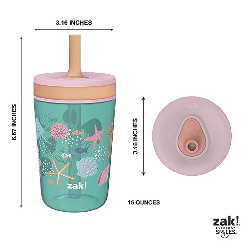 Zak Designs Kelso 15 oz Tumbler Set, (Shells) Leak-Proof Screw-On Lid with Straw Made of Durable Plastic and Silicone, Perfect Cup Bundle for Kids (2pc Set)