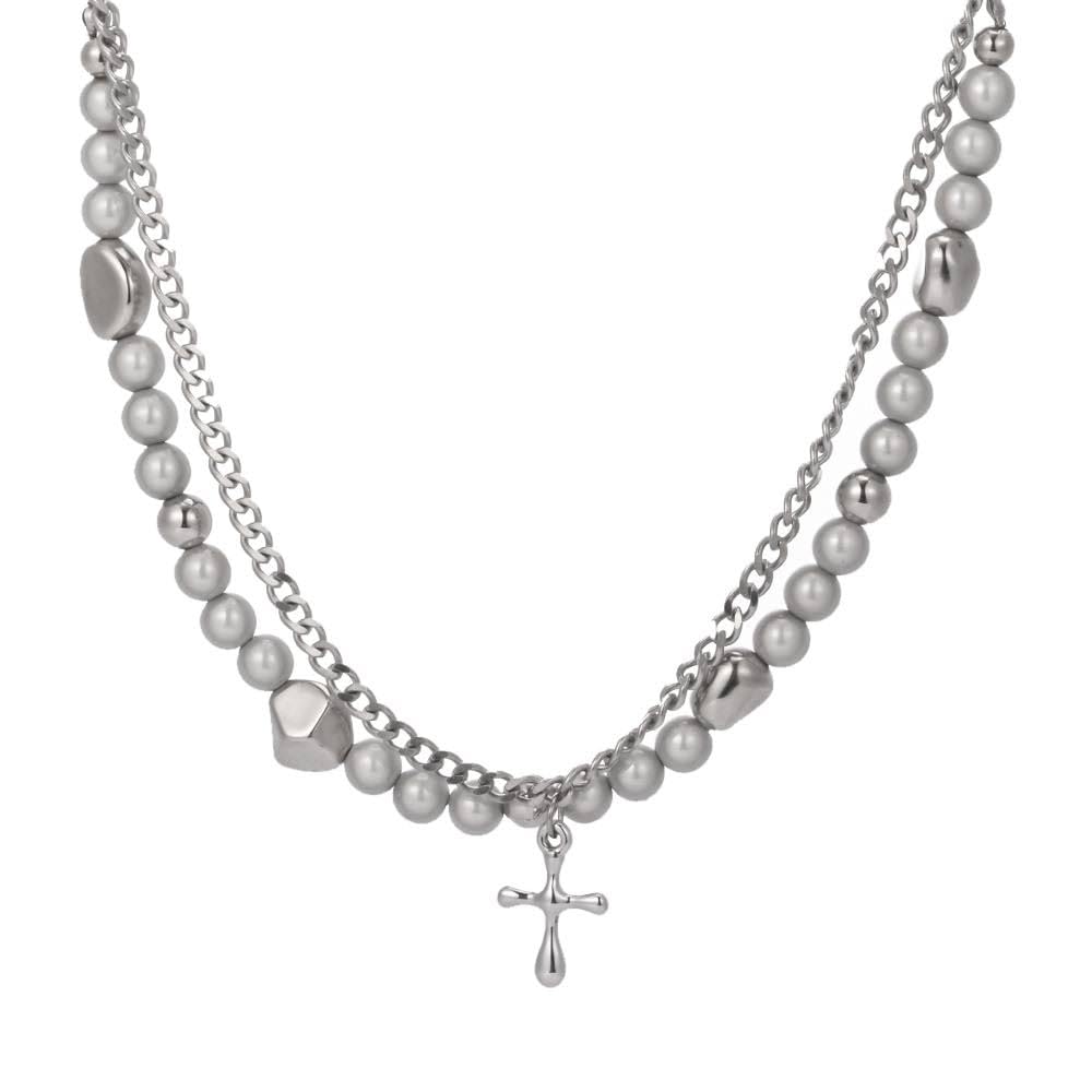 THE MEN THING MIRE SERENITY - Two Layer Necklace with Titanium Steel Chain & Fusion Cuban Pearls & Cross Pendant - Size 18inch (B0CJJQYHBS) Amazon Price History, Amazon Price Tracker