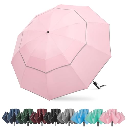 G4Free 54 Inch Windproof Inverted Umbrella With Reflective Stripe, Large Compact Reverse Golf Travel Umbrella For Rain 10 Ribs Double Canopy Automatic Open Close(Pink)