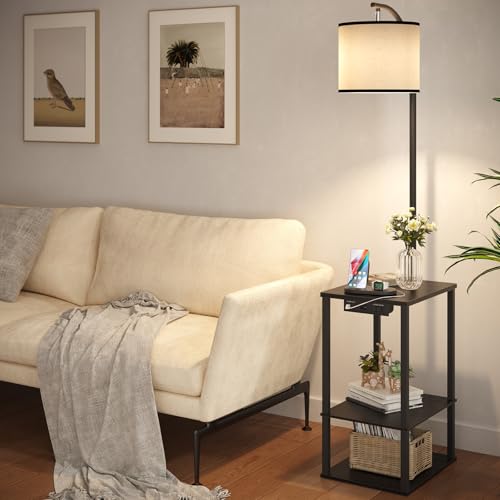 Image of SUNMORY Floor Lamp with Table, End Table for Living Room with Lamp, Shelves Side Table with Charging Station(USB & AC Port), 3 Color Temperature LED Bulb, Modern Nightstand Lamp for Bedroom, Office