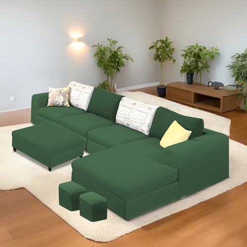 Image of Koza RHS 8 Seater L Shape Sofa Set with Center Table for Living Room (Green Fabric) Premium Fabric Sofa