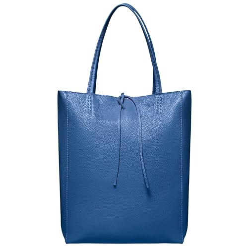 Image of Genuine Italian Leather Tote Bag for Women, Large Slouchy Purse, Blue | Unstructured bag, raw unlined interior with zip pocket, top zipper, side ties, folds flat, fits a 16-inch laptop, lightweight