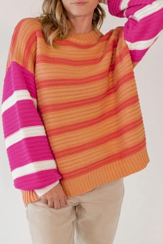 Women's Vibrant Orange Stripe Colorblock Crew Neck Drop Shoulder Loose Sweater3