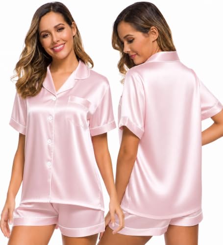 Image of SWOMOG Womens Silk Satin Pajamas Set Short Sleeve Sleepwear Button Down Top and Shorts Loungewear 2 Piece Pjs Set XS-3XL
