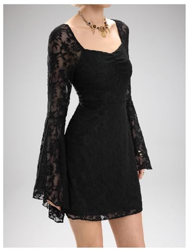 Image of WDIRARA Women's Floral Jacquard Gothic Bell Long Sleeve Dress | Mesh , A Line, Vintage