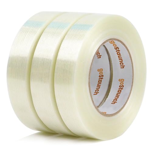 Image of Filament Strapping Tape (1 inch x 60 yds, Pack of 3) Transparent 5.5mil Reinforced Fiberglass Tape - Synthetic PET Adhesive Heavy Duty