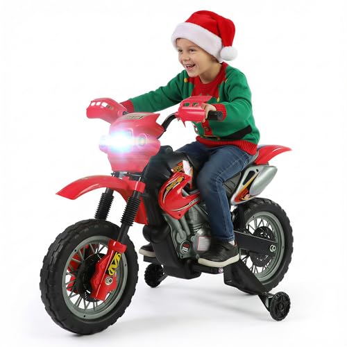 Aosom 6V Kids Motorcycle, Electric Motorcycle with Dirt Bike Style, Street Bike Design Battery Powered Ride On Toy with Training Wheels, Headlight, Music, Ages 5-8, Red