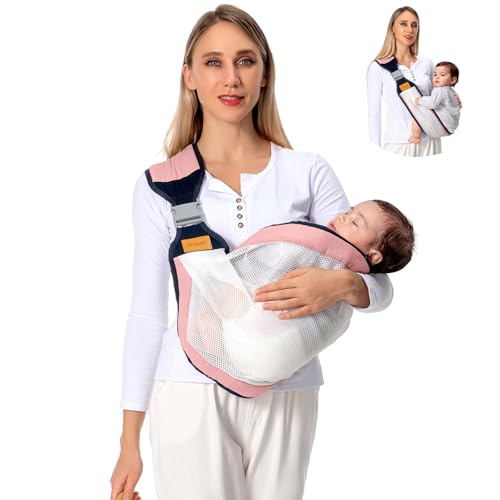Image of Shiaon Baby Sling Carrier, Baby Carrier Newborn to Toddler(7-45lbs), Toddler Carrier with Safety Buckle, One Shoulder Adjustable Shoulder Strap, One Size Fits All, Mesh Pink