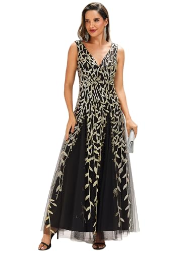 Image of Ever-Pretty Women's Prom Dresses V Neck Sleeveless Tulle Hem A-Line Sequins Maxi Ball Gowns 02130