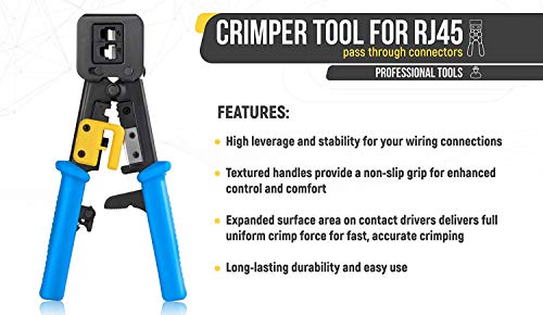 Image of SmartTech crimping tool RJ45 for Pass Through Connector Cut Strip Crimp Electrical Cable Heavy Duty Crimper for RJ11 RJ45 Plugs Professional Networking Cat5 5e Cat6 Crimp Tool