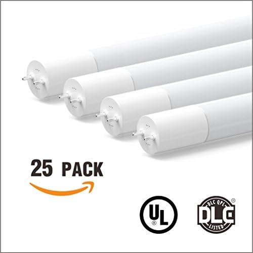 25-Pack T8 LED Tube,17W 2200lm(40W or Higher Equivalent), 5000K(Daylight), Work Without Ballast/AC120~277V, 4ft, Double-Ended Power,Frosted,Glass,UL & DLC-Listed (25, 5000K)