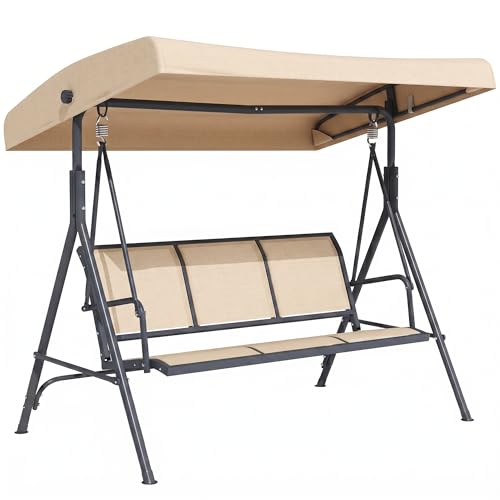Outsunny Balancelle de Jardin 3 Places Grand Confort Toit Inclinaison réglable Assise et Dossier Ergonomique Acier époxy textilène Beige