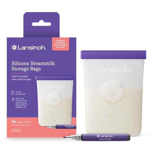 Lansinoh Silicone Breastmilk Storage Bags Reusable Leakproof Milk Storage Bags with Double Seal Dishwasher & Sterilizer Safe 8 oz 5-Count BPA Free Breastfeeding Essentials