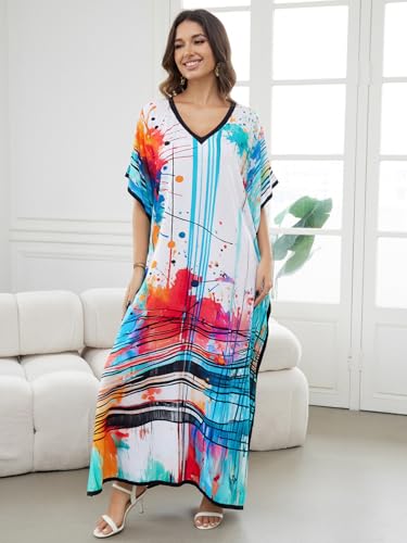 Image of IMAGEKOPE Women's Plus Size Loose Fit Moroccan Print V-Neck Batwing Kaftan Beach Dress Bathing Suit Cover Up