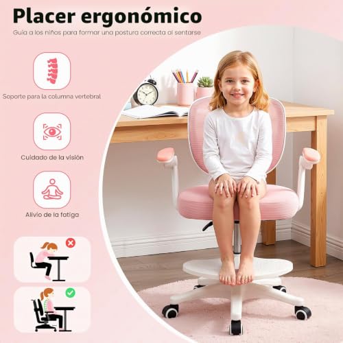 Miniatura 5 de Hijnxg Silla De Escritorio Infantil Giratoria 360 , Altura Regulable, Silla Infantil Con Respaldo Y Reposabrazos, Para Niños A Partir De 6 Años, Silla Giratoria De Oficina Con 5 Ruedas, Color Rosa