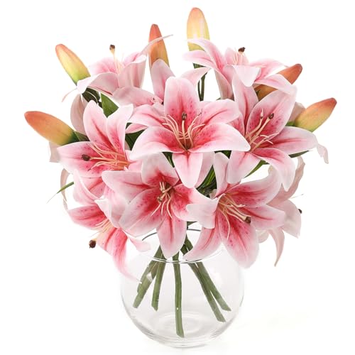 merakdoira Künstliche Lilien, 6-teiliges Set, 12 Blüten und 6 Knospen, künstliche Blumen, Hochzeit, Zuhause, Büro, DIY, Grab, künstliche Blumen (Rosa)