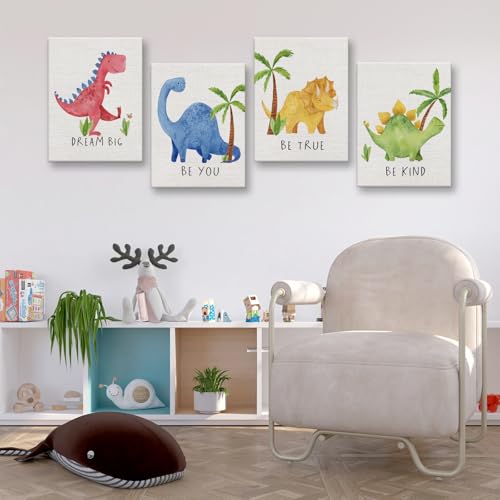 Image of Cute Watercolor Dinosaur Prints Inspirational Motivational Quotes Canvas Wall Art Nursery Decor Wall Decor Funny Poster Artwork for Kids Room Classroom Bedroom Decorations,4PCS,Framed,8x10IN