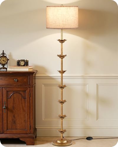 63.8” Floor Lamp with Landen Leaf, Antique Gold Standing Lamp wit...