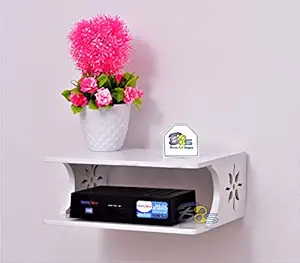 Brown Art Shoppee Set Top Box Stand Wall Shelf & WiFi Modem Rack for Living Room with Side Carving Flower Design (White)