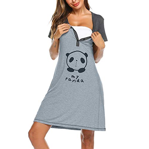 Vestido de Lactancia Maternidad de Noche Anime Camisón Mujeres Embarazadas Ropa de Dormir Premamá Pijama Gris M