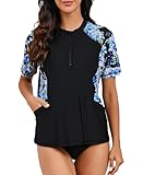 Halcurt UV Shirt Damen mit BH und Tasche 1/4 Zip Rash Guard Kurzarm UPF 50+ Sonnenschutz Badeshirt Schnell Trocknender Schwimmshirt Tankini XXL