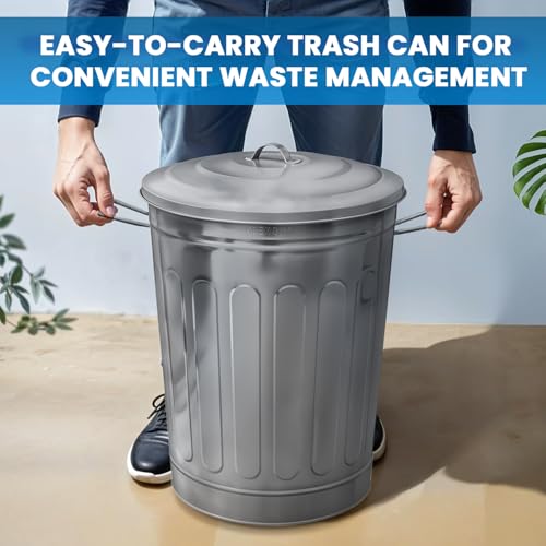 Image of Plexon 13 Gallon Outdoor Metal Trash Can with Lid Vintage Trash Can Steel Retro Garbage Can for Patio Farmhouse Rustic Bird Seed Storage Pet Food Ash Bucket, Galvanized Steel 6 Pack