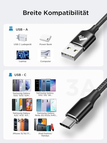 USB C Kabel 3M Lange USB Typ C Ladekabel USB C Schnellladekabel Nylon USB auf USB C Kabel für Samsung Galaxy S23 S22 S24 A12 A32 A53 PS5… – Ansicht 4
