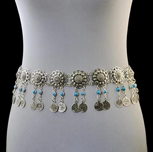 AILIU Aleación afgana Azul Negro Piedra Cadenas para el Vientre Moneda Hippie Borla Larga Cadena de Cintura Vestido de Playa Sexy Cinturón Mujeres Joyería Corporal