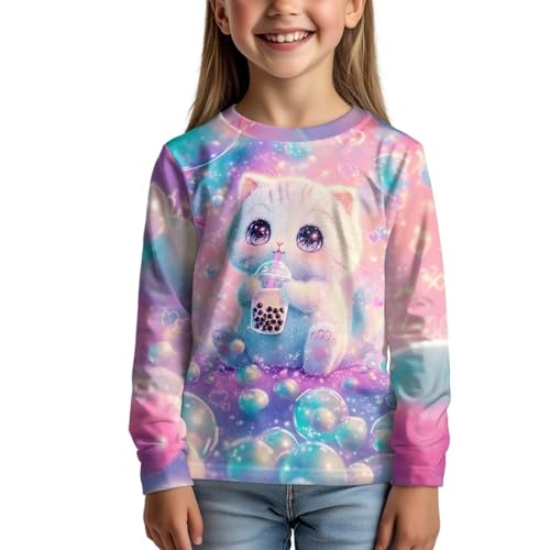 Image of Girls Cartoon Print Long Sleeve Graphic Tee Casual Crew Neck T-Shirts for 3-16 Years Little Girls