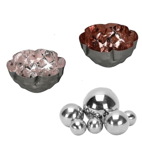 8tlg. Miniteich Set - 2 Schwimmschalen Rosa 8cm - 5cm und 6 Edelstahl Schwimmkugeln Silber - Teichdeko schwimmend für Balkonteich - Zinkwanne - Deko für Wasserspiele -Gartenteich