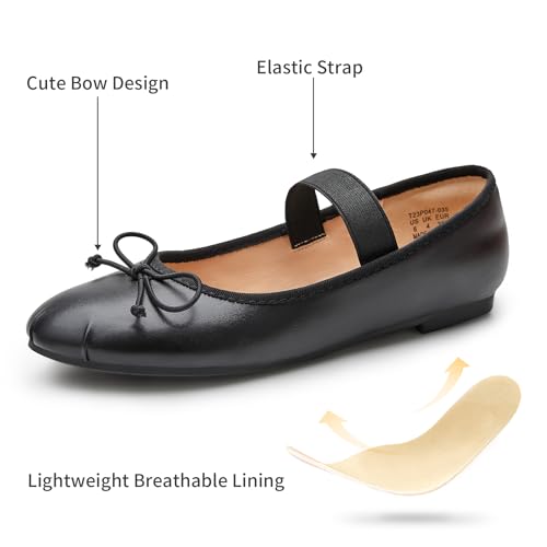 Image of Trary Flats for Women Closed Round Toe Ballet Flats Mary Jane Shoes Women with Elastic Strap Cute Bowknot Comfortable Dress Shoes for All-Year Daily Work Casual Wear