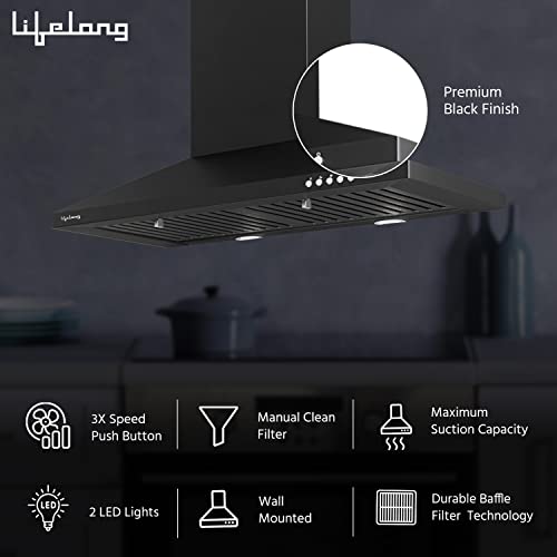 Image of Lifelong Kitchen Chimney with Durable Baffle Filters | 1000 m3 /hr Suction | Push Button Control | Dual LED Light | Stainless Steel Baffle Filters | Pyramid Shape Chimney for Kitchen (60cm, Black)
