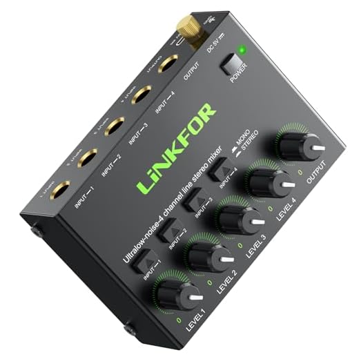 LiNKFOR Mezclador de Audio de 4 Canales con Controles de Volumen Separados Consola de Mezcla de Sonido de Ruido Bajo Interfaz de Audio Estéreo para Auriculares Altavoces Micrófonos Guitarras