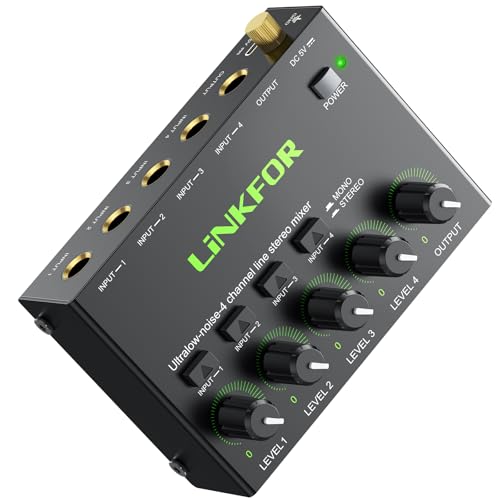 LiNKFOR Mezclador de Audio de 4 Canales con Controles de Volumen Separados Consola de Mezcla de Sonido de Ruido Bajo Interfaz de Audio Estéreo para Auriculares Altavoces Micrófonos Guitarras