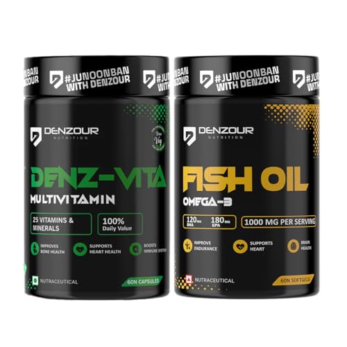 Image of Denzour Nutrition Multivitamin and Fish Oil Combo | 60 Multivitamin Capsules + 60 Omega 3 Fish Oil 1000mg Softgels | 25 Essential Vitamins & Minerals | Supports Immunity, Energy & Joint Health | Men & Women