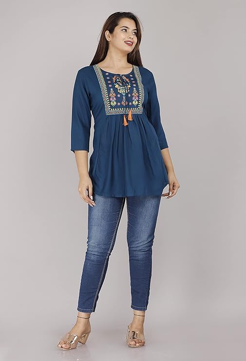 Image of Avayayat Women's Rayon Classic Heavy Embroidery Top with Beautifull Tassels at Front and on Both Sleeves Regular Fit Office Wear Festival Tunic Jeans Summer