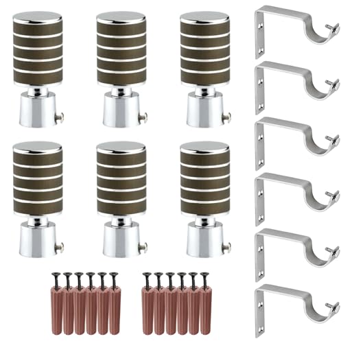 Image of GRIVAN Stainless Steel Wooden Finish Curtain Bracket Parda Holder with Support 1 Inch Rod Pocket Finials Designer Door and Window Rod Support Fittings, Curtain Rod Holder (Wooden Finsh Pair of 3)