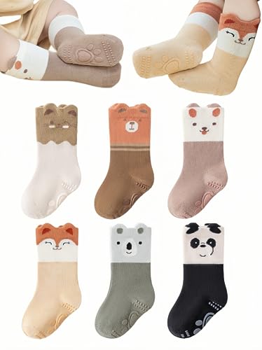Baby Non-skid Socks with Grips Toddler Non Slip Crew Socks Anti-Slip High Ankle Socks for Boys Girls 6 Pairs